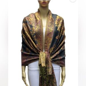 603. Soft Pashmina Violet/Grey/Metallic Gold Fringe Shawl Wrap NEW Item NWT OS